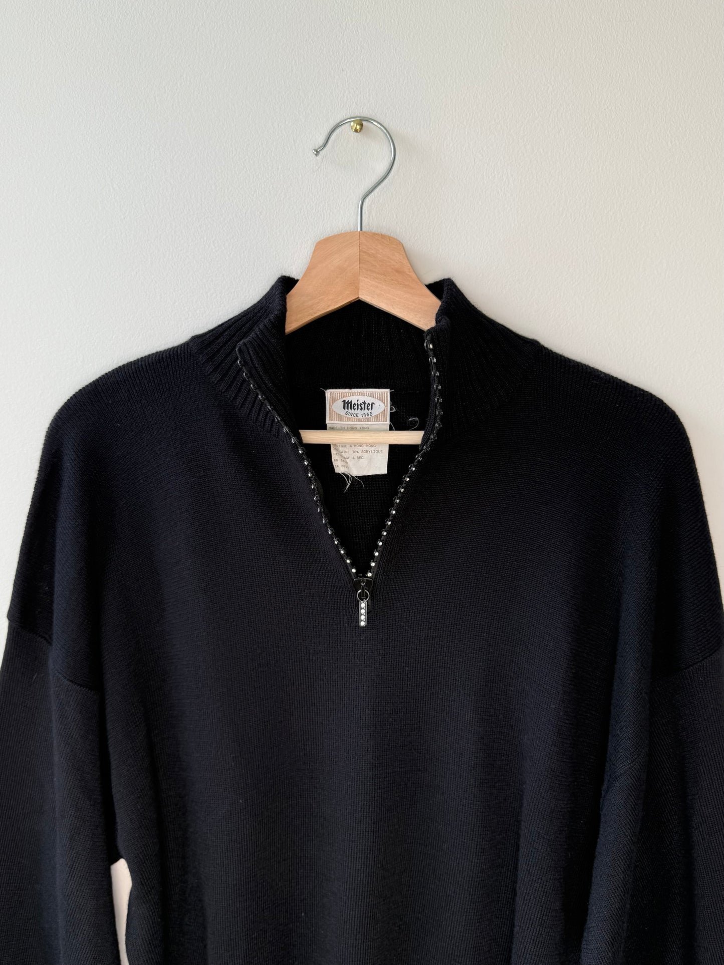Vintage Y2K Meister Women's Black Sweater with Rhinestone Zipper