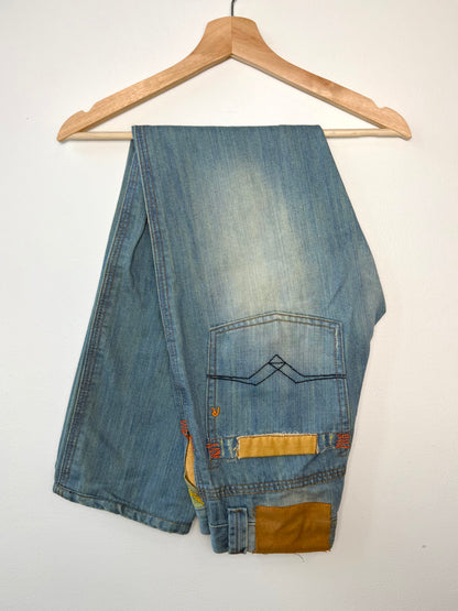 Y2K Replay Women's Blue Jeans with Yellow Pockets & Colorful Stitching