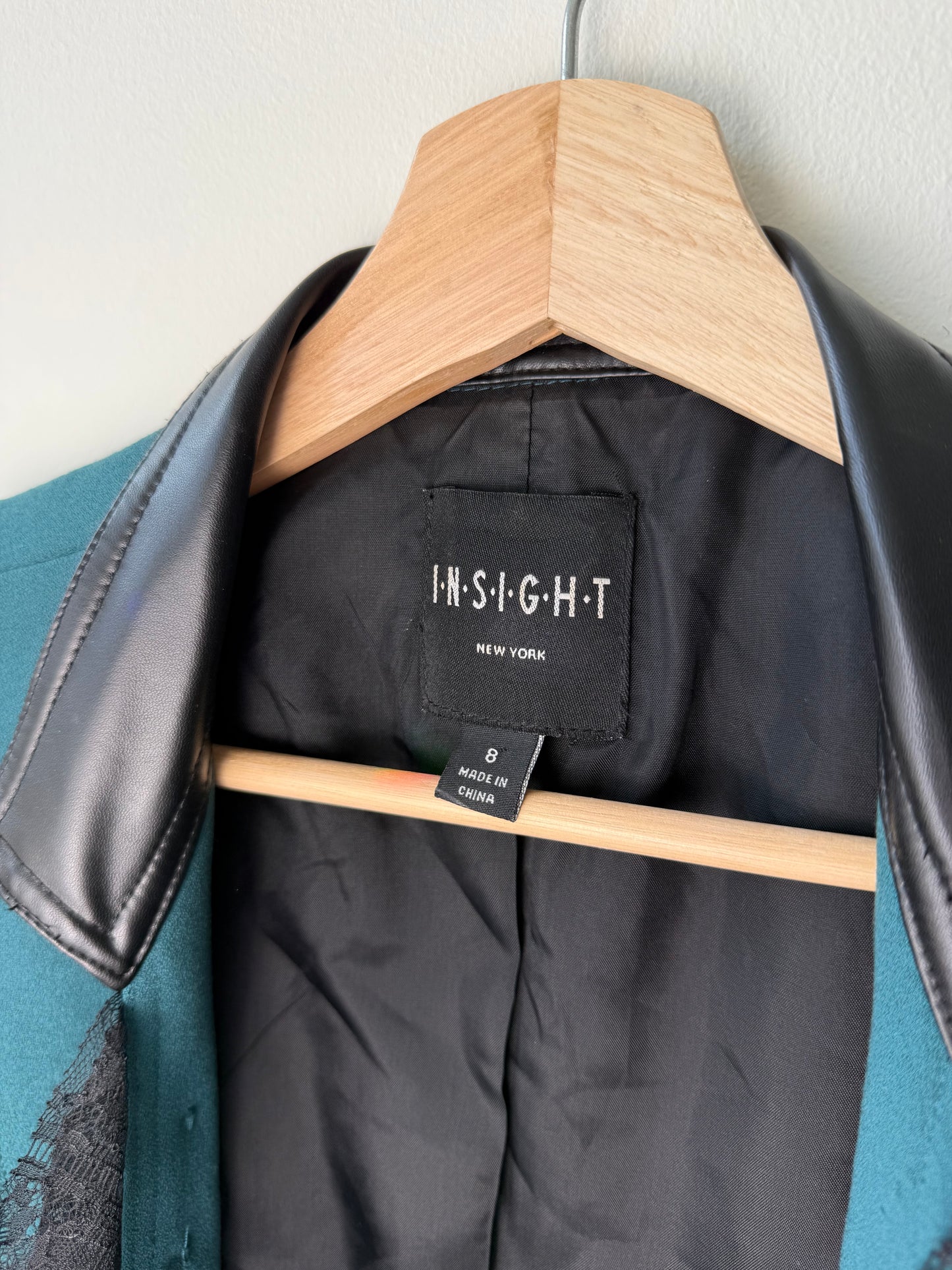 INSIGHT New York Women's Teal Jacket with Faux Leather Collar & Lace