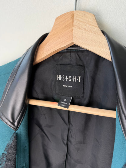 INSIGHT New York Women's Teal Jacket with Faux Leather Collar & Lace
