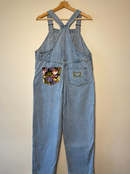 Vintage Women's Light-Wash Blue Floral Denim Overalls