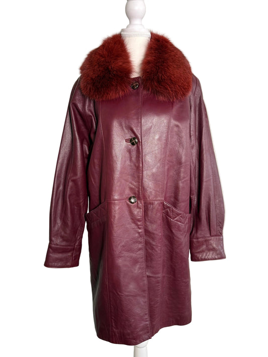 Vintage Women's Burgundy Leather Coat with Red Fur Collar