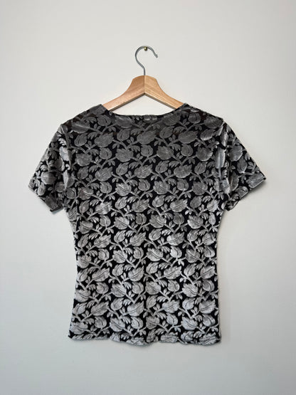 Vintage Frazier Lawrence Women's Silver & Black Floral Sheer Velvet Top