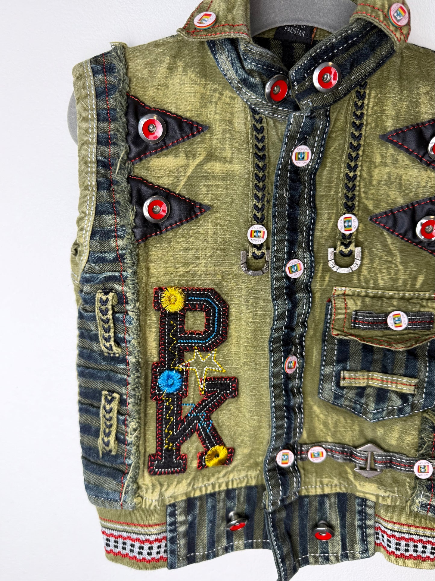 Y2K Kids' Green Denim Vest With Colorful Patches & Buttons