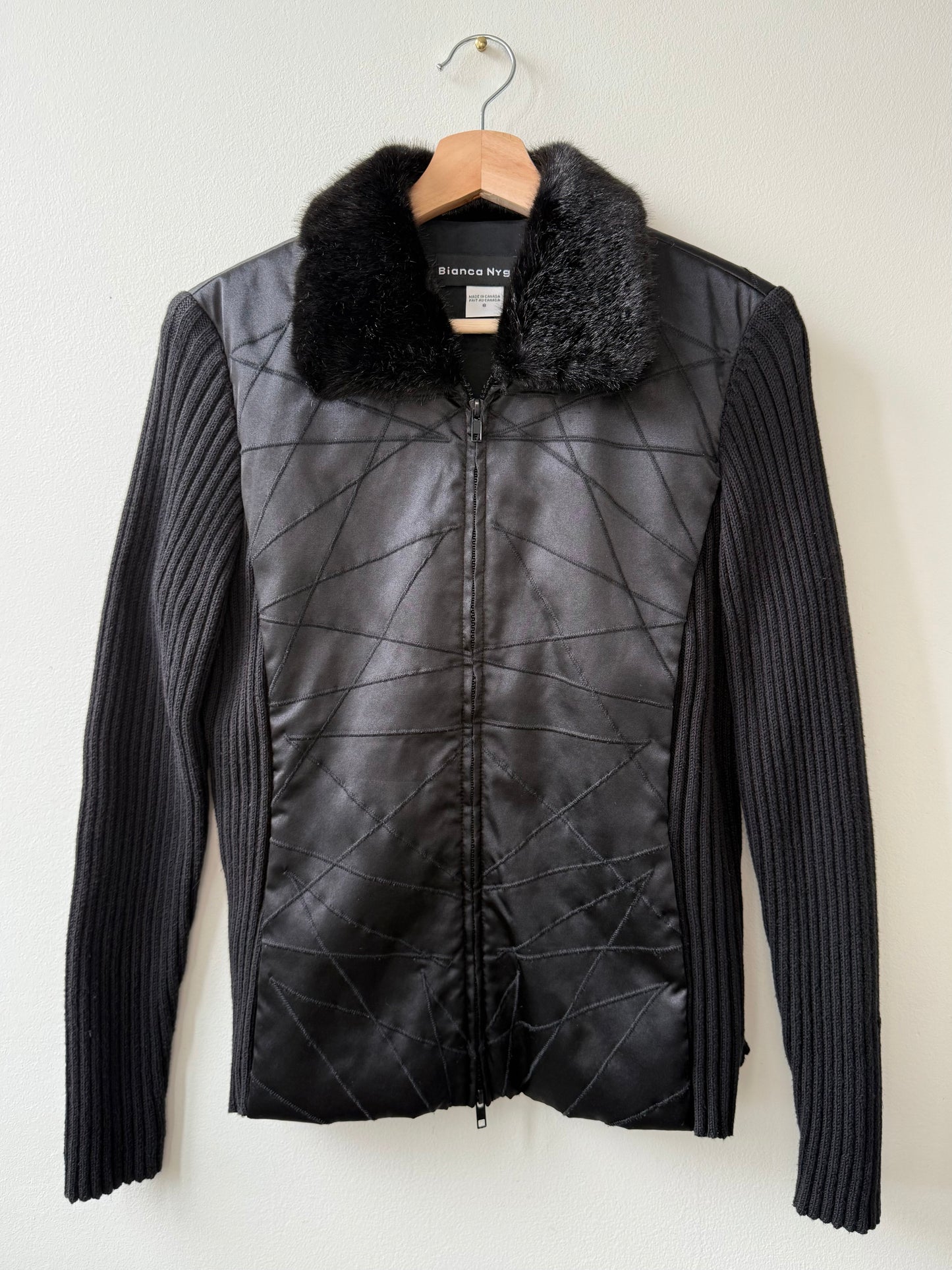 Vintage Bianca Nygard Women's Black Zip-Up Sweater with Fur Collar