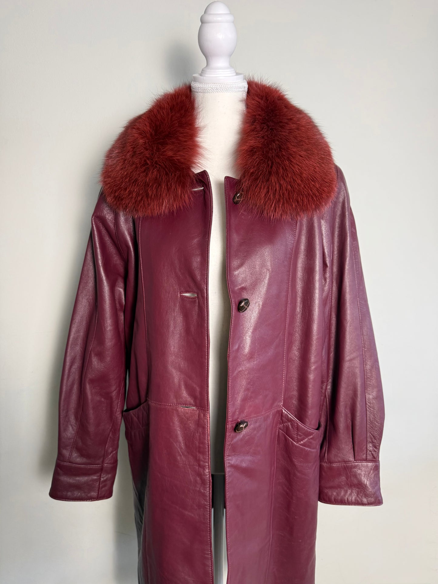 Vintage Women's Burgundy Leather Coat with Red Fur Collar
