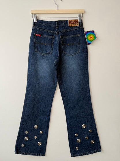 Unworn Vintage Y2K Mudd Girl's Dark Wash Flared Jeans with Silver Eyelets