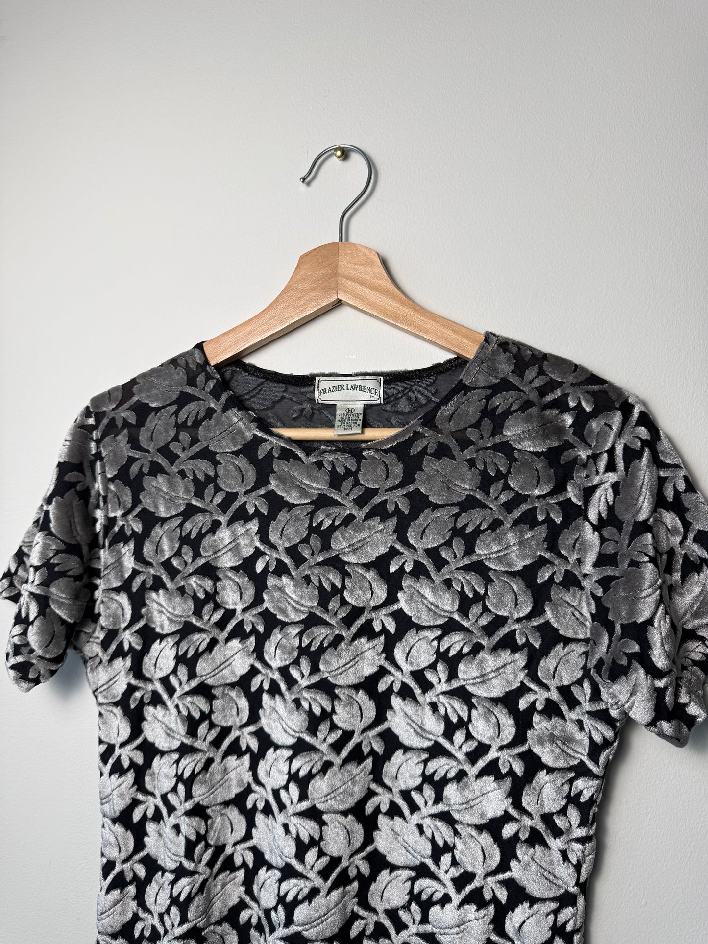 Vintage Frazier Lawrence Women's Silver & Black Floral Sheer Velvet Top