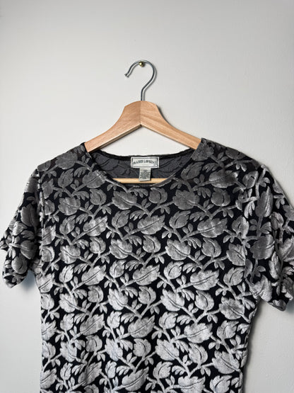Vintage Frazier Lawrence Women's Silver & Black Floral Sheer Velvet Top
