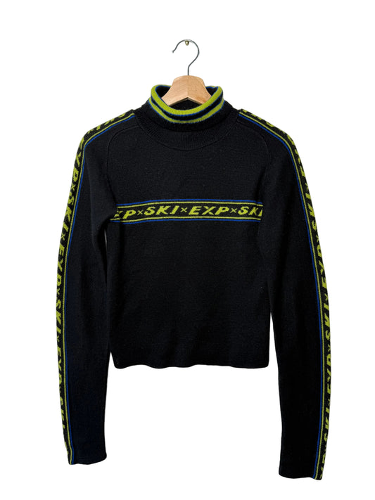 Y2K EXPRESS TRICOT Women's Black Sweater with Lime Green & Blue Stripes