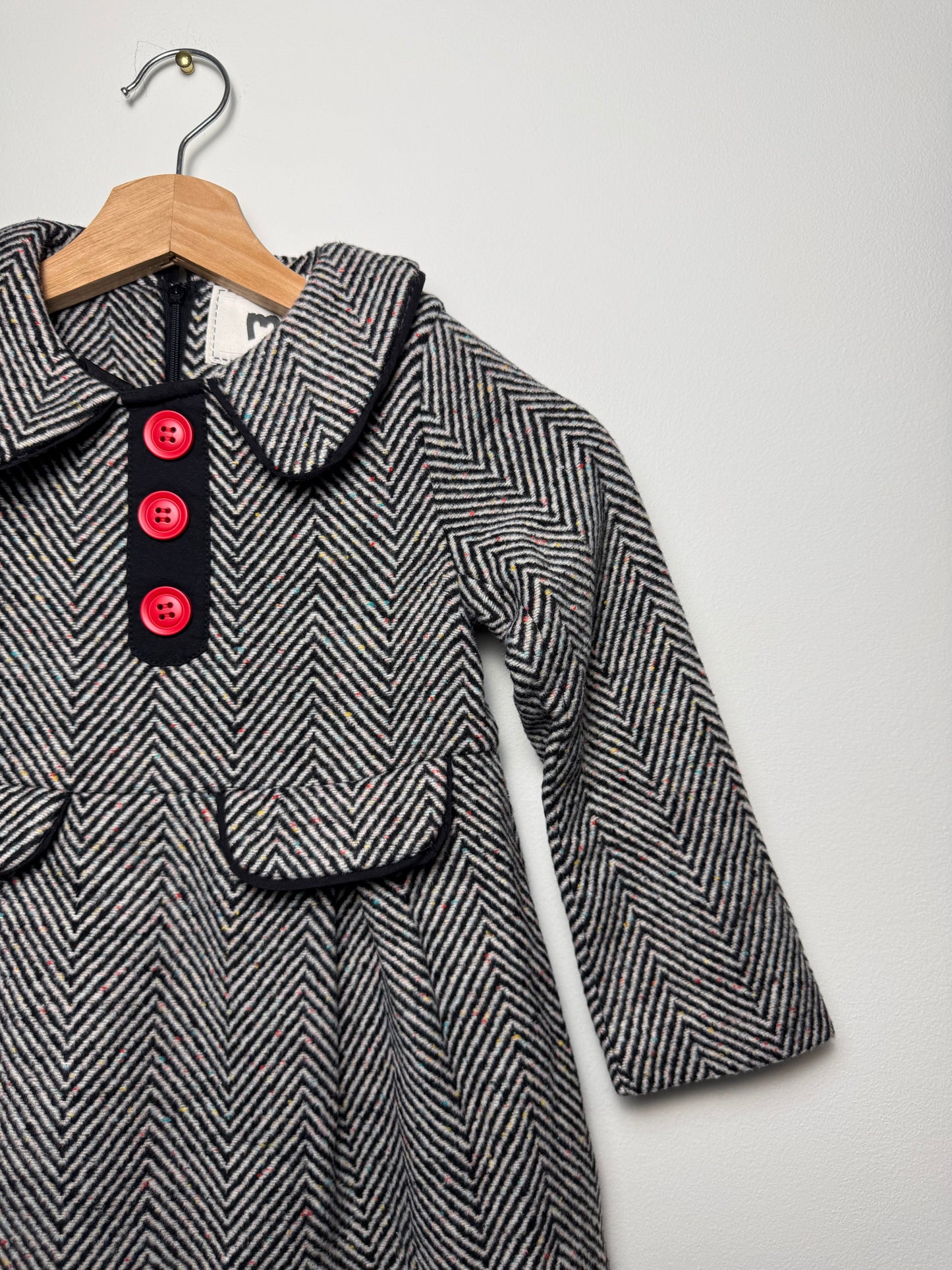 Unworn Y2K Memene Girls' Herringbone Tweed Dress Coat with Red Buttons