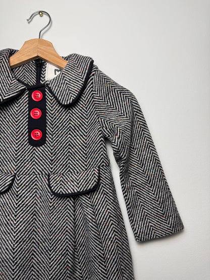 Unworn Y2K Memene Girls' Herringbone Tweed Dress Coat with Red Buttons