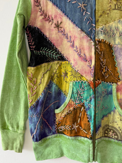 Y2K ARK Women's Green Patchwork & Embroidered Zip-Up Hoodie