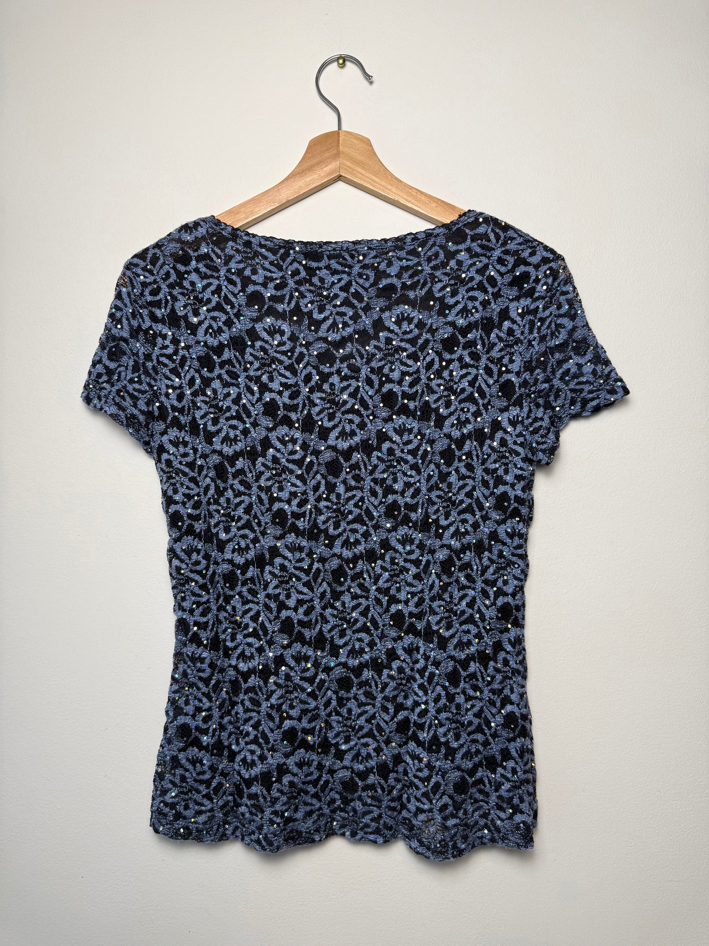 Y2K Mantles Women's Black & Blue Lace Short Sleeve Top with Rhinestones