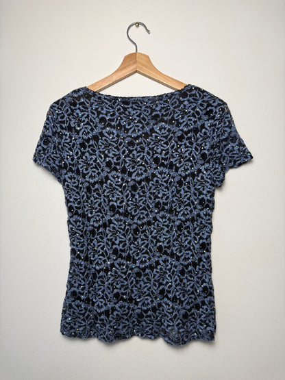 Y2K Mantles Women's Black & Blue Lace Short Sleeve Top with Rhinestones