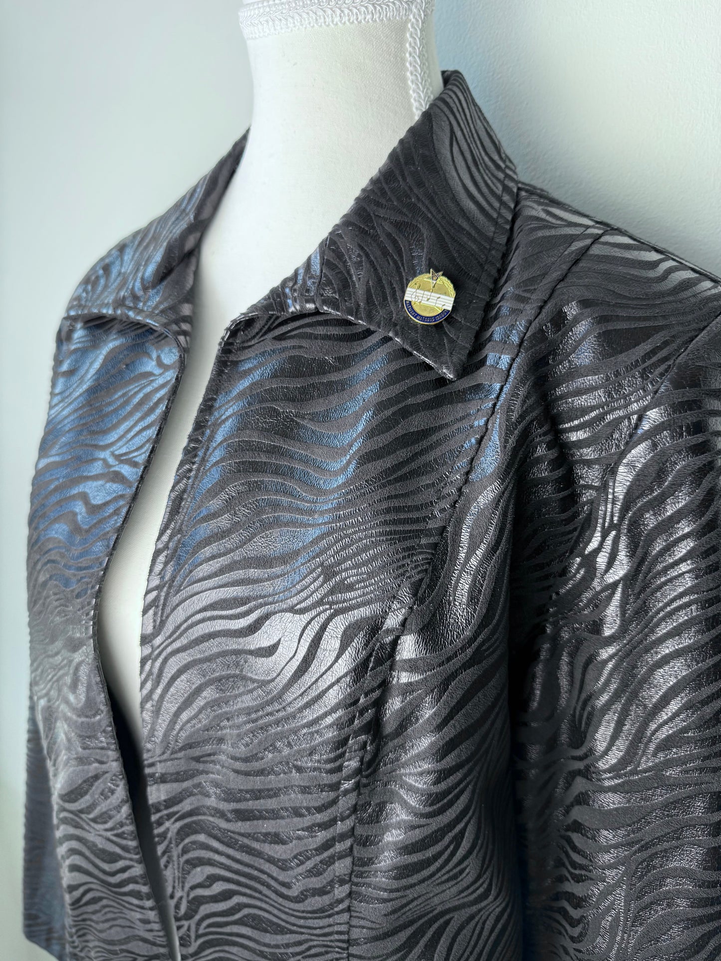 Vintage TANJAY Women's Black Zebra Patterned Jacket with Brooch Pin