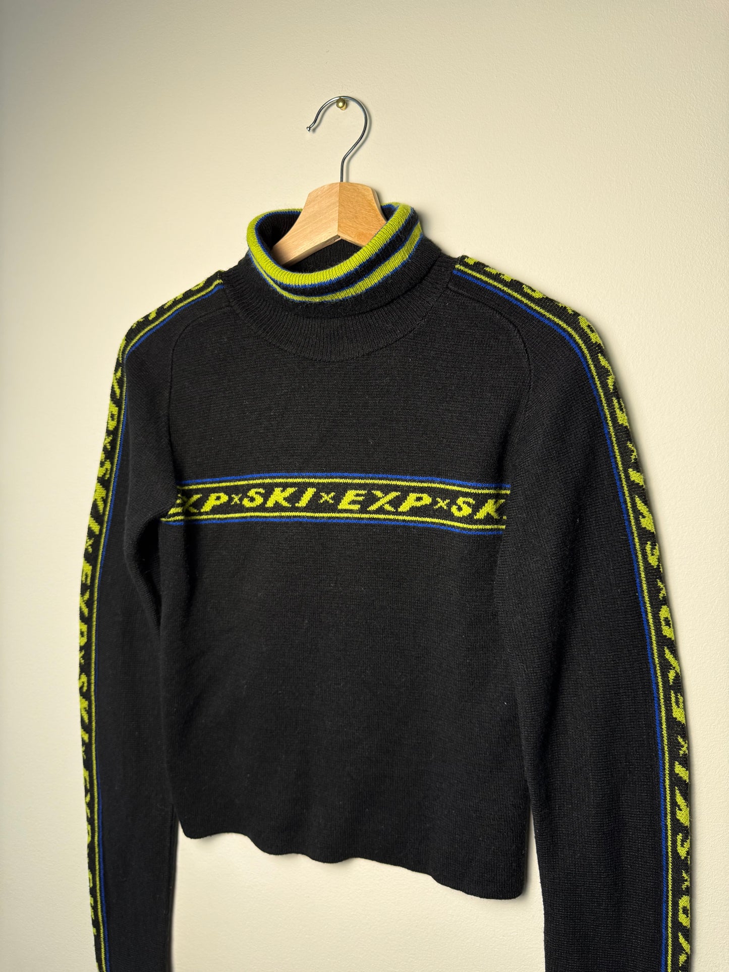 Y2K EXPRESS TRICOT Women's Black Sweater with Lime Green & Blue Stripes