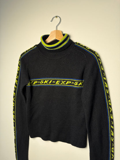 Y2K EXPRESS TRICOT Women's Black Sweater with Lime Green & Blue Stripes
