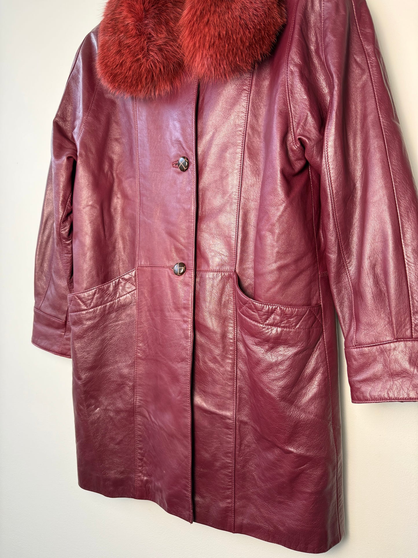 Vintage Women's Burgundy Leather Coat with Red Fur Collar