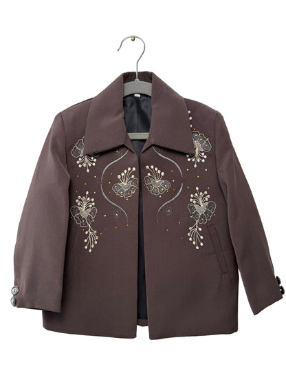 Vintage Girls' Brown Jacket with Butterfly Embroidery