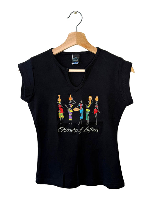 Women's Beauty of Africa Embroidery Black T-Shirt