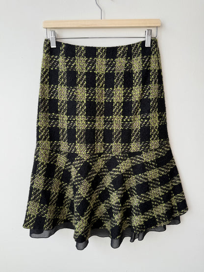Unworn Y2K ENJOY Women's Black & Lime Green Plaid Tweed Skirt