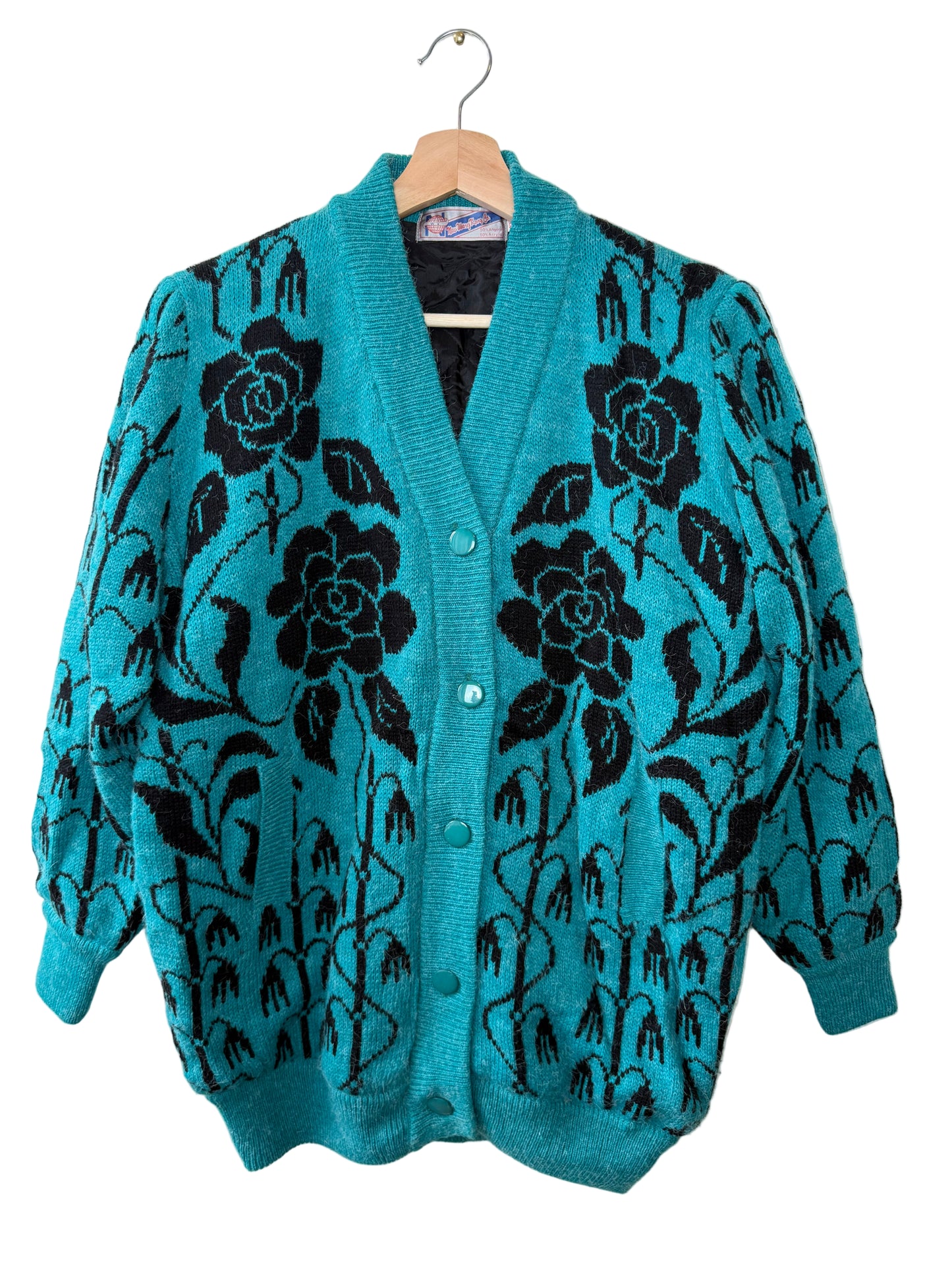 Vintage Women's Teal & Black Sweater Cardigan with Floral Patterns