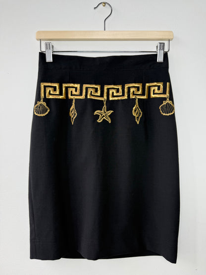 Vintage BESTINI Women's Black Pencil Skirt with Seashell Embroidery
