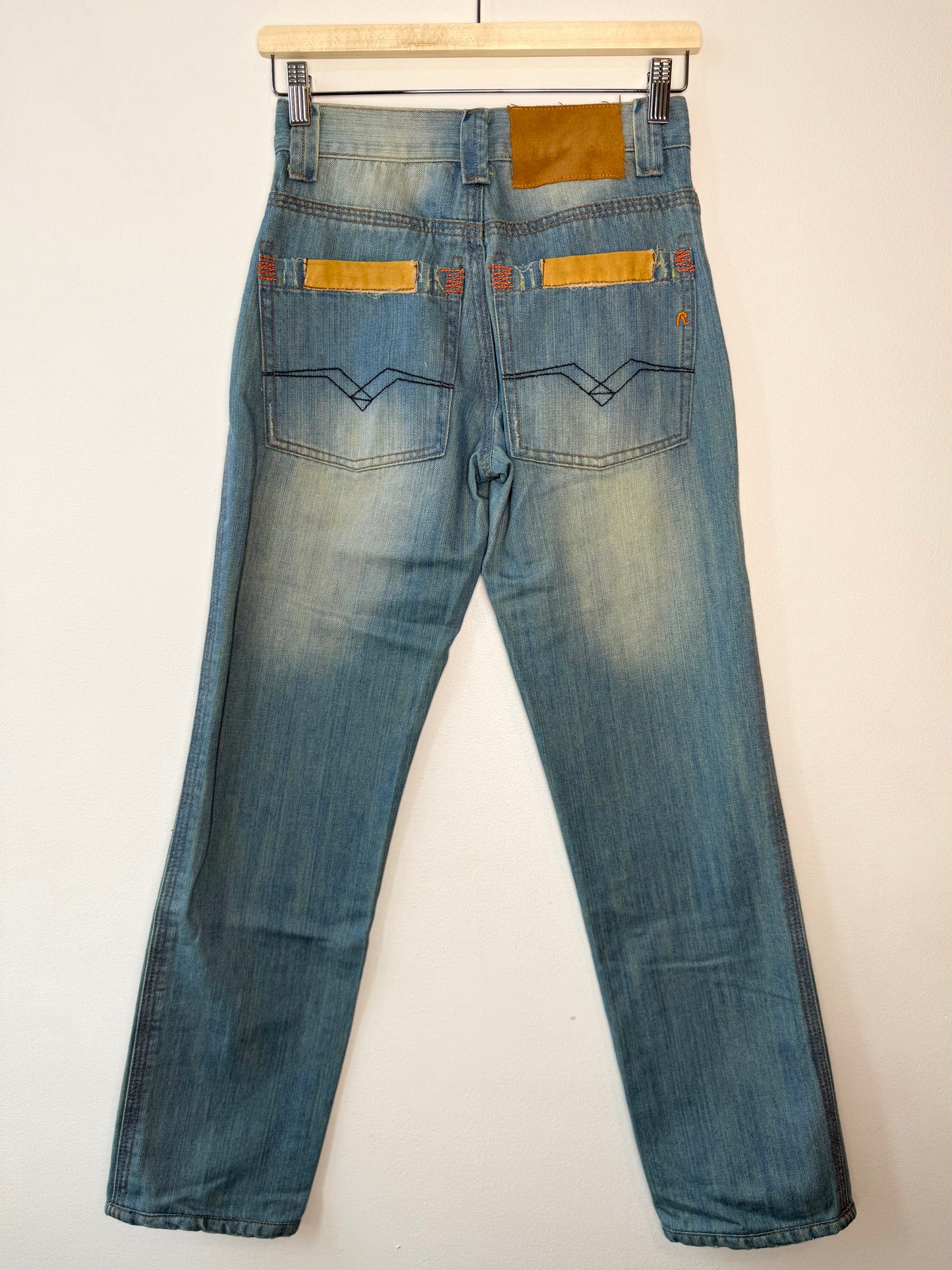 Y2K Replay Women's Blue Jeans with Yellow Pockets & Colorful Stitching