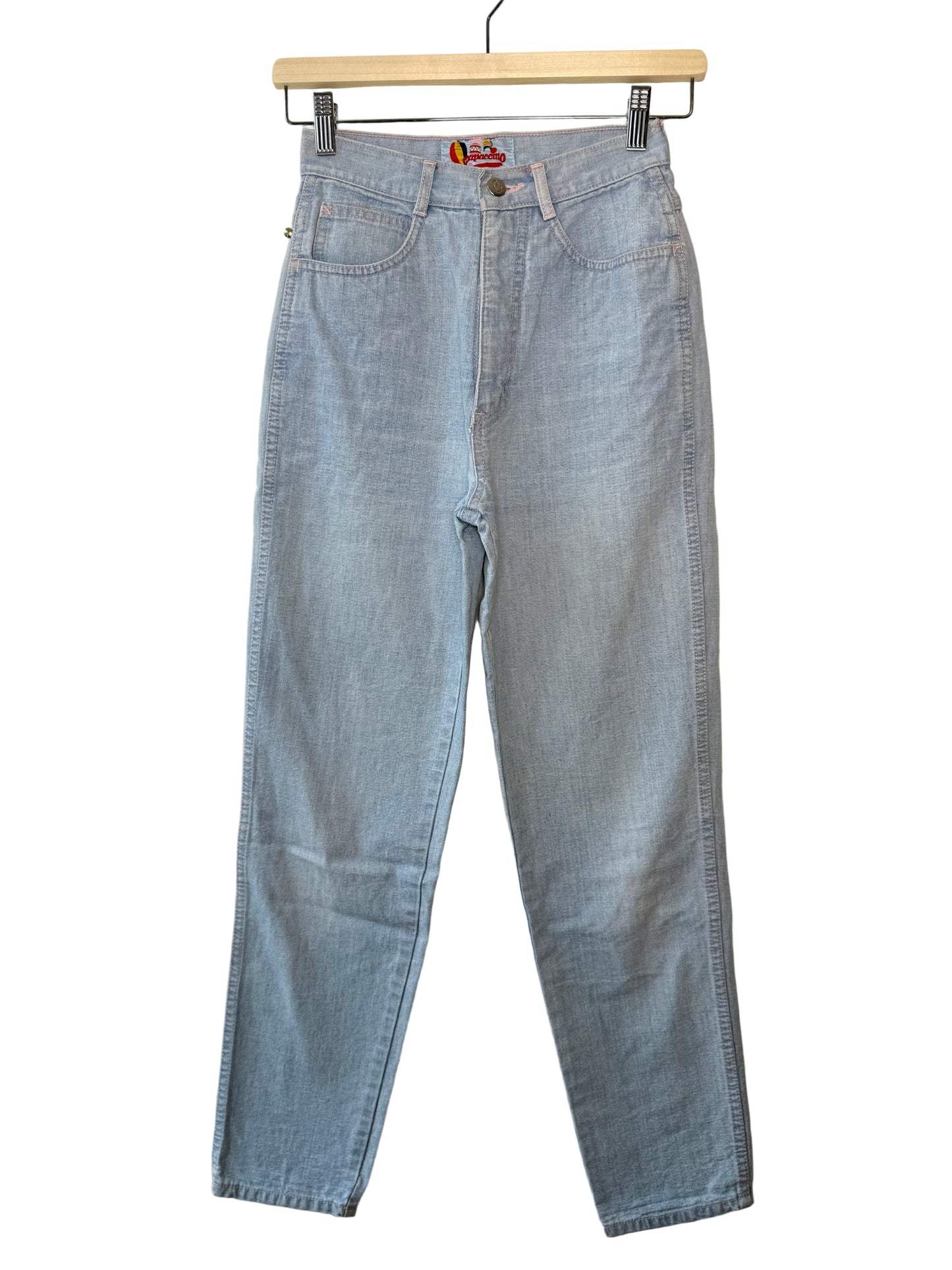 Vintage Women's Capaccino Light Blue Jeans With Baby Pink Stitch