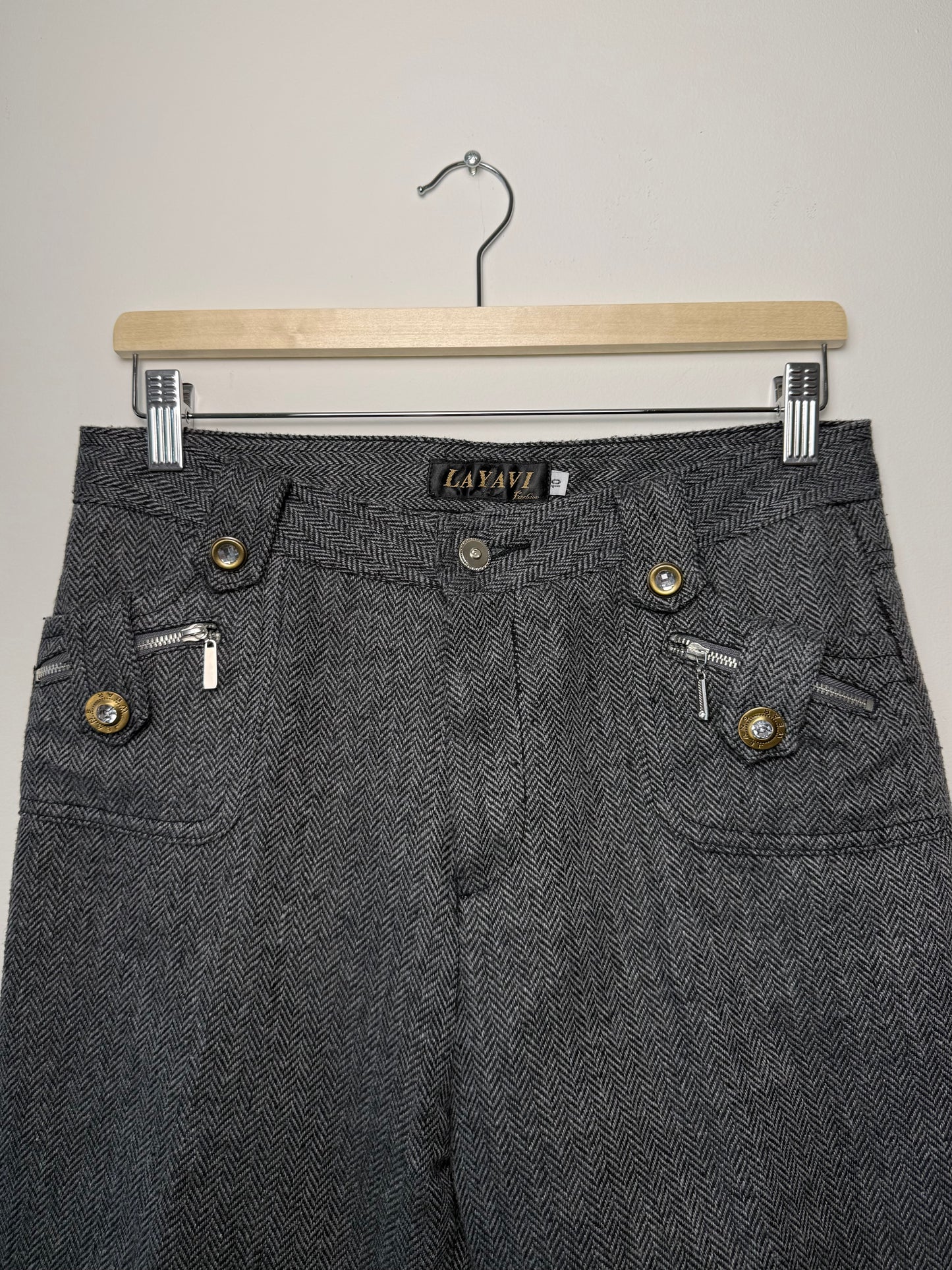 Y2K LAYAVI Women's Grey Herringbone Tweed Shorts with Gold Buttons