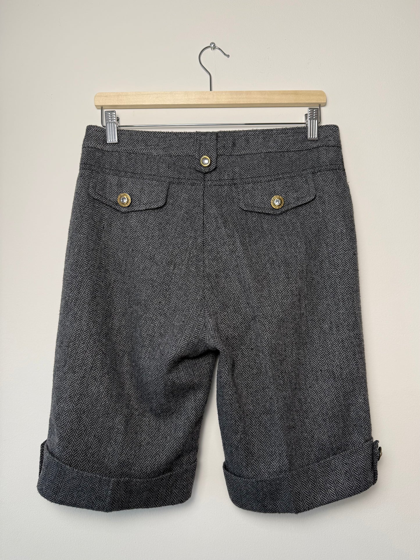 Y2K LAYAVI Women's Grey Herringbone Tweed Shorts with Gold Buttons