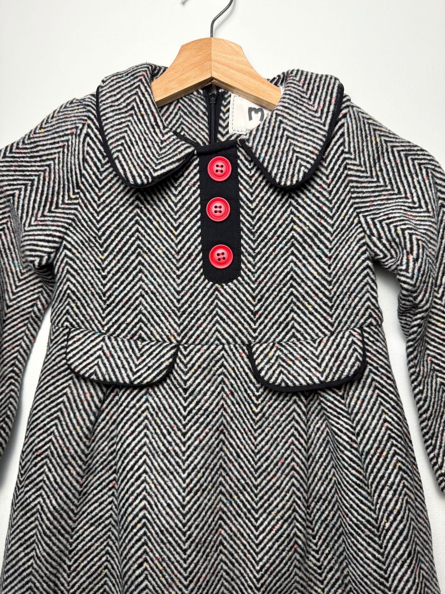 Unworn Y2K Memene Girls' Herringbone Tweed Dress Coat with Red Buttons