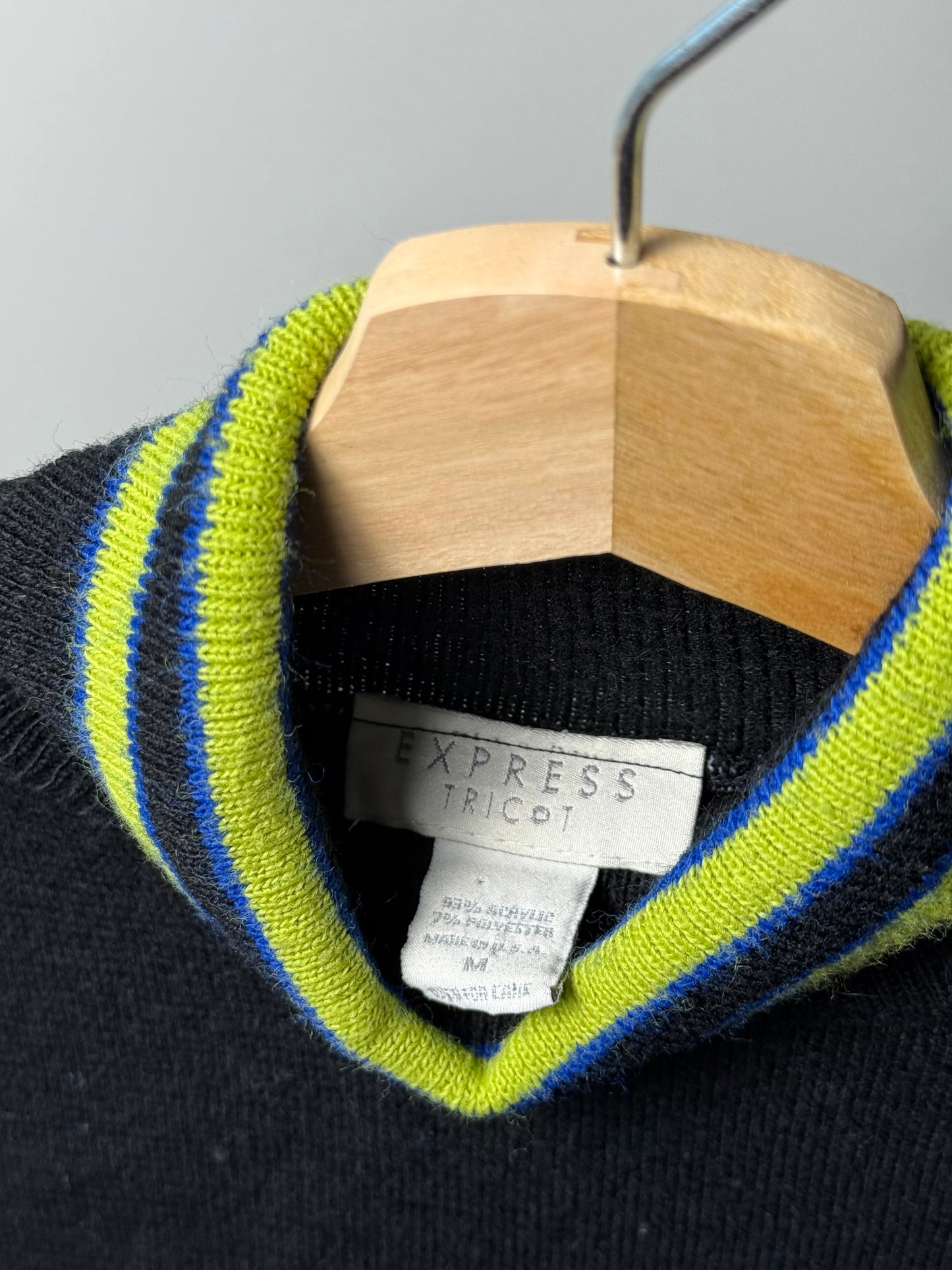Y2K EXPRESS TRICOT Women's Black Sweater with Lime Green & Blue Stripes