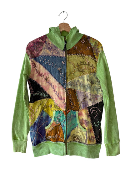 Y2K ARK Women's Green Patchwork & Embroidered Zip-Up Hoodie