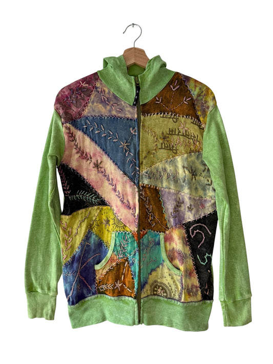 Y2K ARK Women's Green Patchwork & Embroidered Zip-Up Hoodie