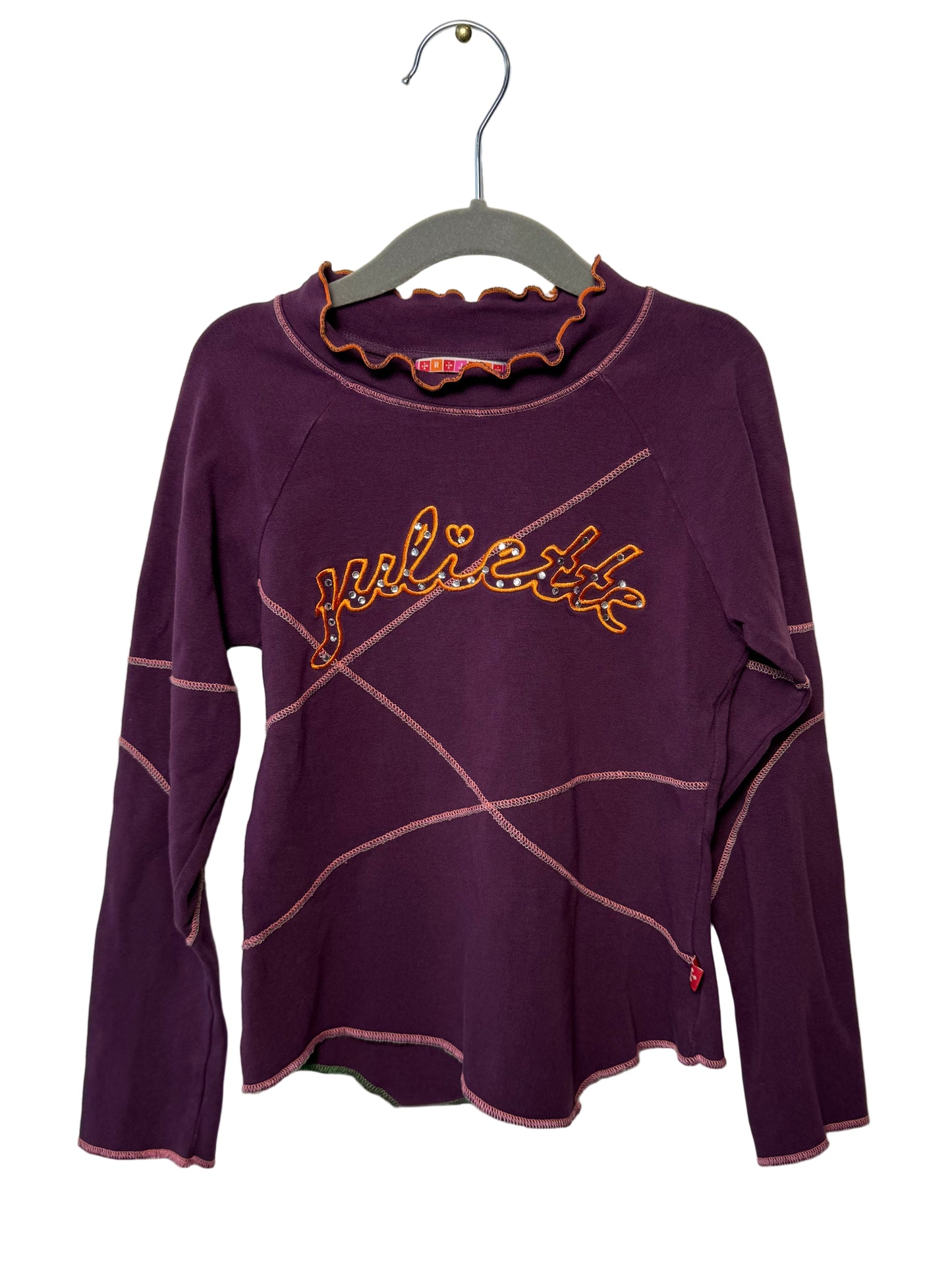 Y2K Juliette Girls' Purple Long-Sleeve Shirt with Colorful Stitching