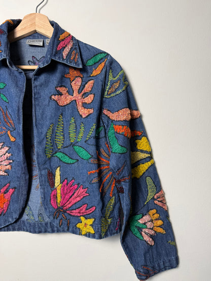 Vintage Y2K Women’s Chico's Open-Front Blue Denim Jacket with Colorful Floral Embroidery