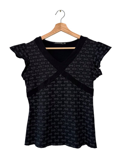Y2K George Women's Black GeometricPrint Flutter Sleeve V-Neck Top