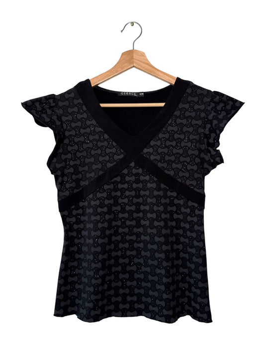 Y2K George Women's Black GeometricPrint Flutter Sleeve V-Neck Top
