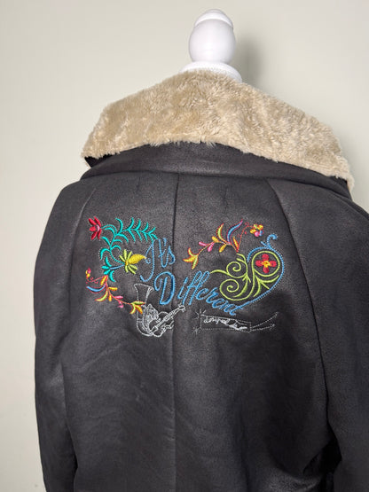 Y2K Desigual Rainbow Women's Black Faux Fur Black Jacket with Embroidery