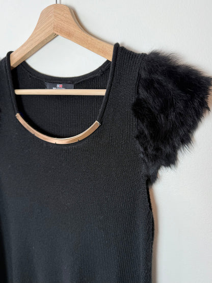 Y2K MVXSIN Women's Black Knit Top with Fur Shoulders & Silver Metal Detail