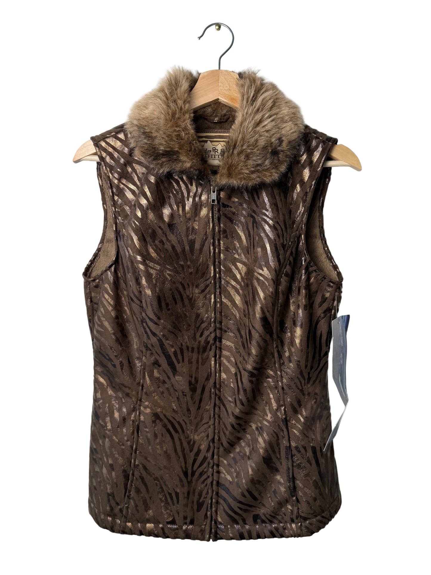 Unworn Power River Outfitters Women's Brown Zebra Faux Fur Zip-Up Vest