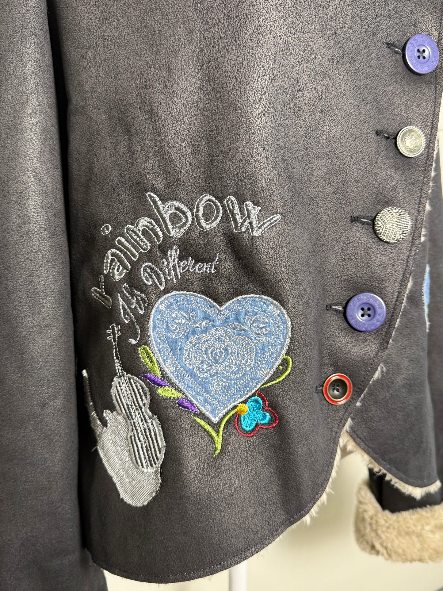 Y2K Desigual Rainbow Women's Black Faux Fur Black Jacket with Embroidery