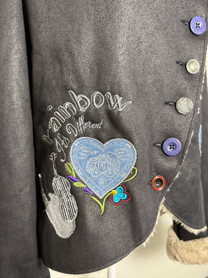 Y2K Desigual Rainbow Women's Black Faux Fur Black Jacket with Embroidery