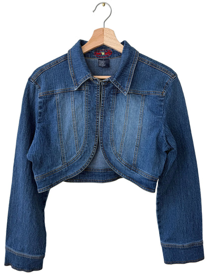 Y2K Zoey Beth Women's Cropped Denim Jacket with Silver Butterfly Patch