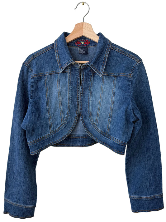 Y2K Zoey Beth Women's Cropped Denim Jacket with Silver Butterfly Patch