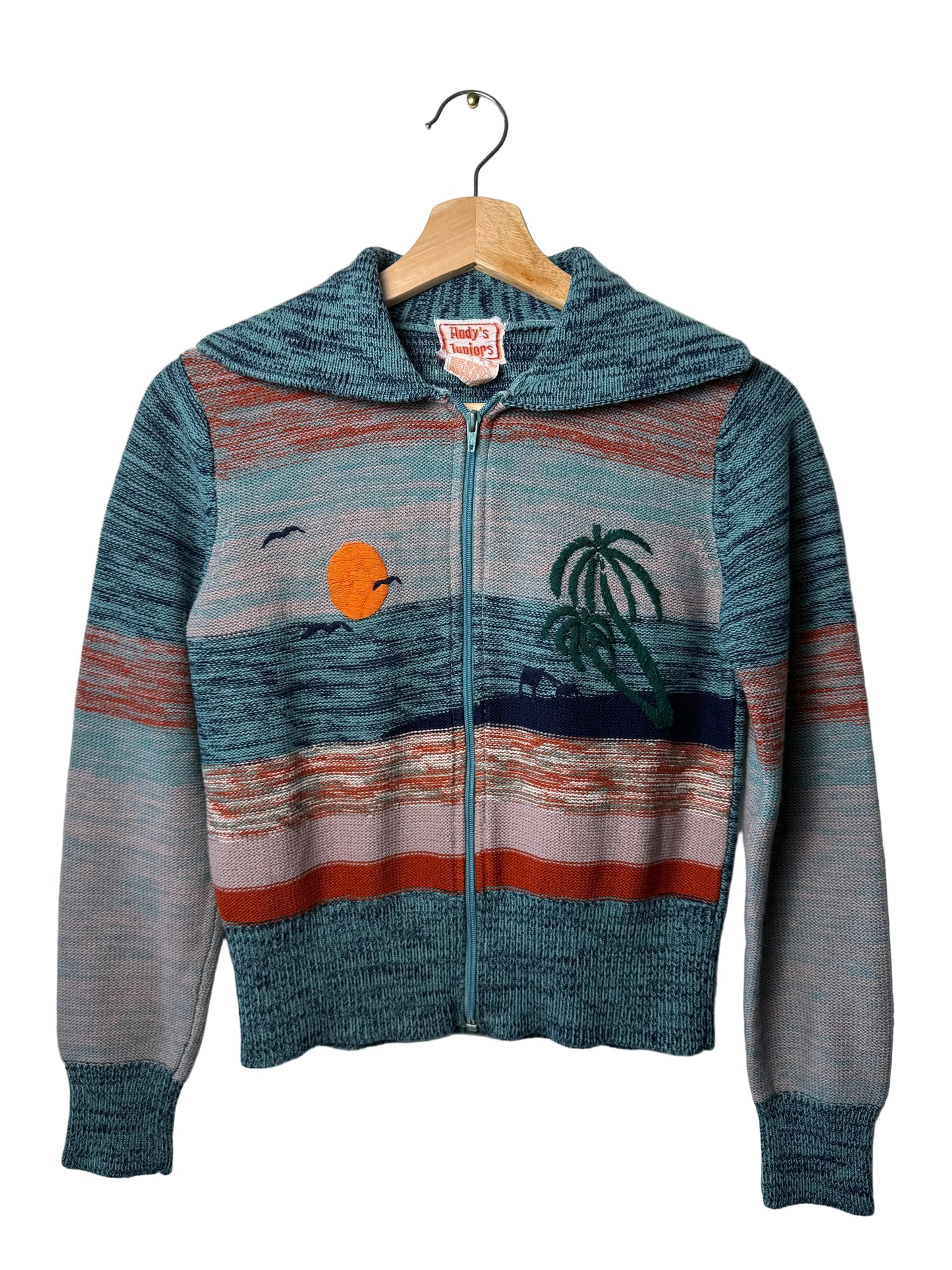 Vintage Andy’s Juniors Women's/Kids' Embroidered Beach & Sunset Zip-Up Cardigan