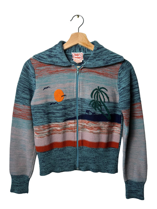 Vintage Andy’s Juniors Women's/Kids' Embroidered Beach & Sunset Zip-Up Cardigan