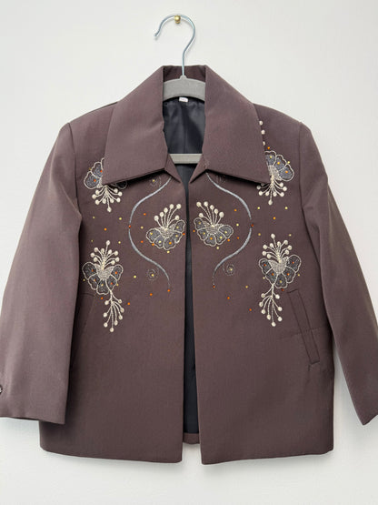 Vintage Girls' Brown Jacket with Butterfly Embroidery